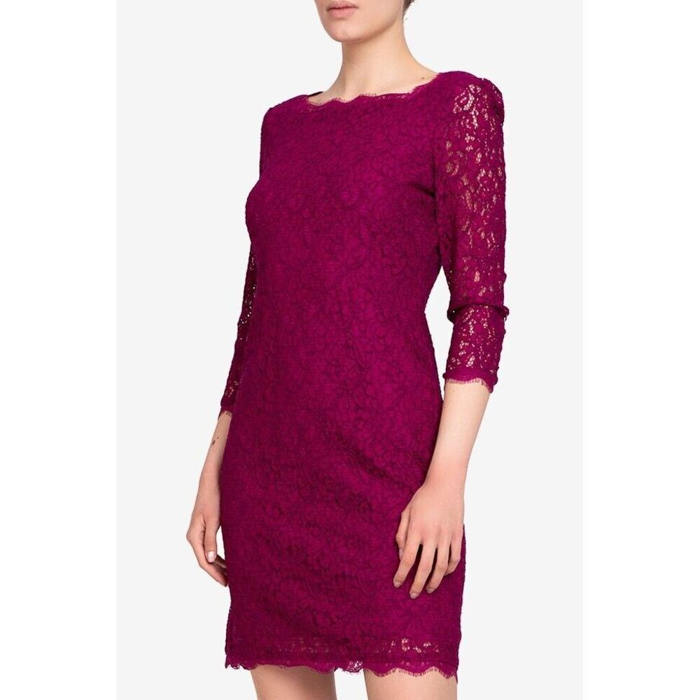 Adrianna Papell Formal Purple Lace Dress Size 8‎ Square Neck Zip Back Lined 3/4